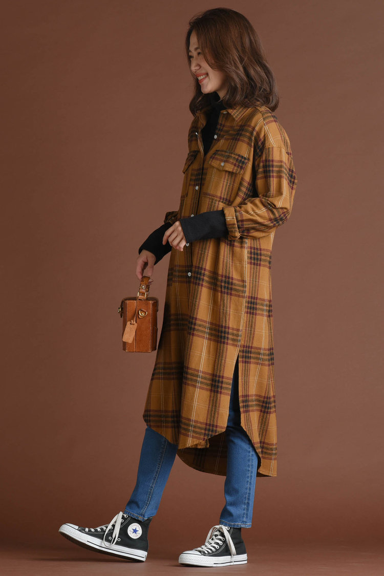 秋色チェックシャツを「ワンピ」で取り入れる