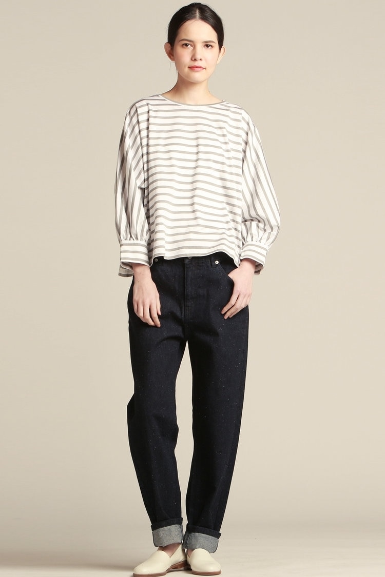 天竺ボーダーボリューム袖カットソー