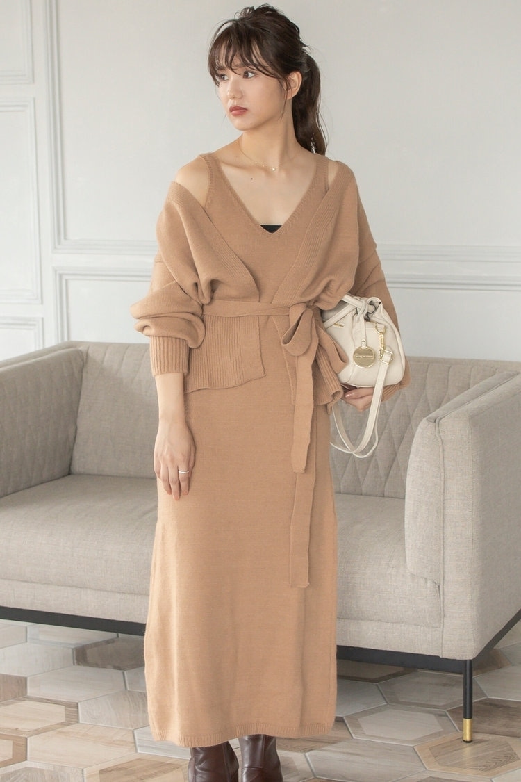 【2点セット】カーディガン付きニットワンピース