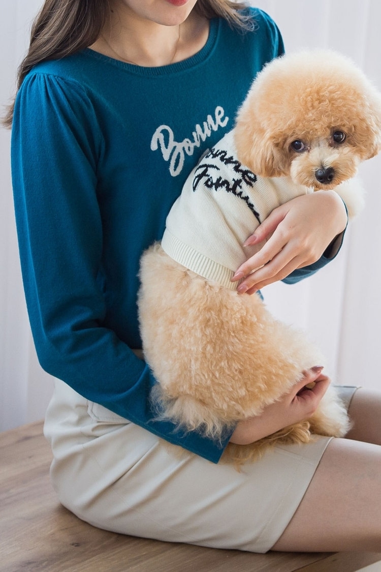 愛犬とお揃いのロゴニットでリンクコーデを楽しんで QUEENS COURT